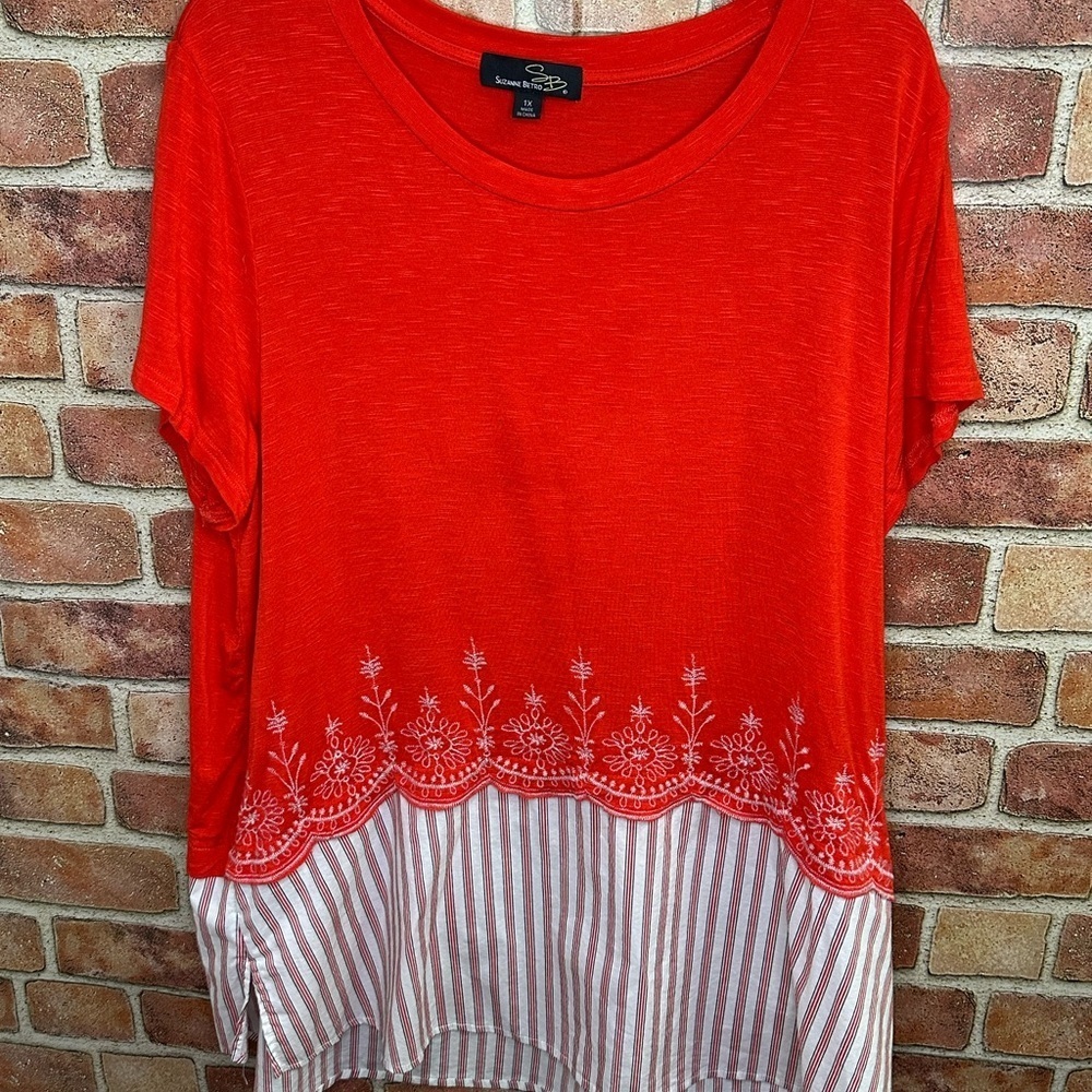 Suzanne Betro Red and White Striped Embroidered Top